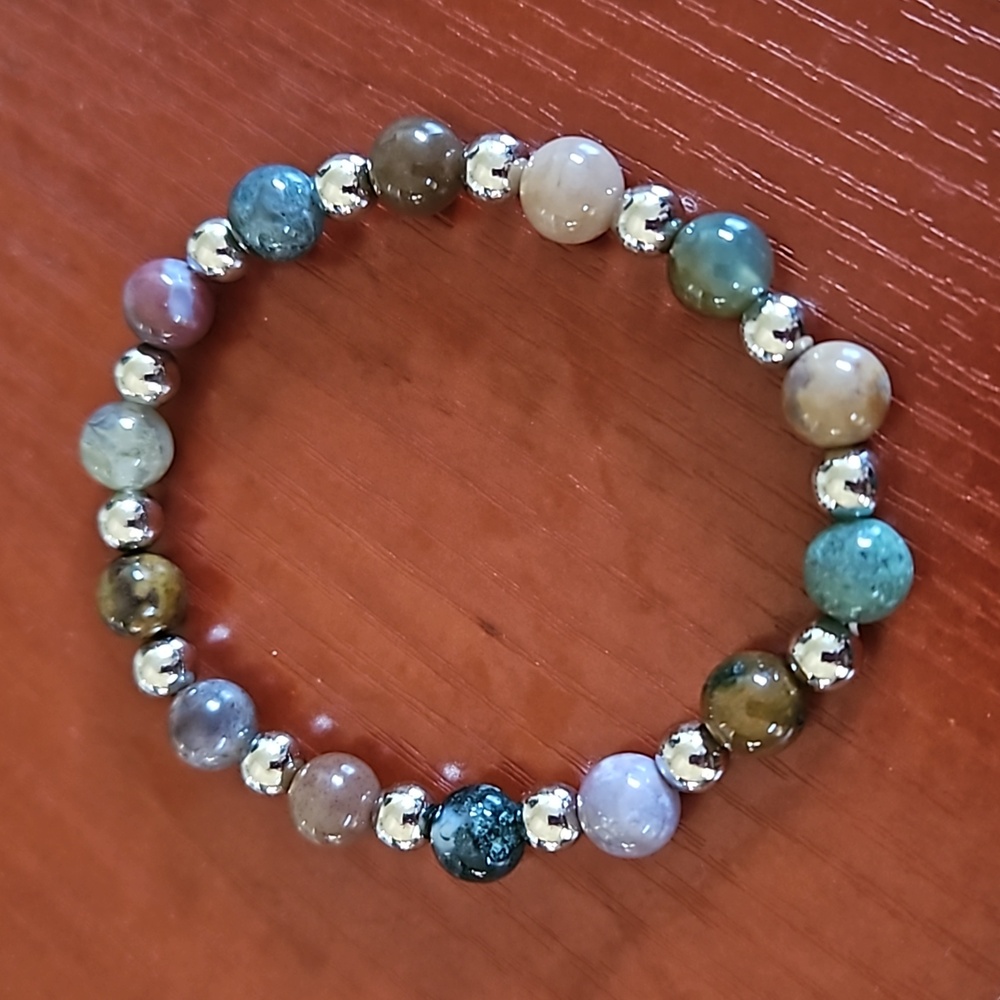 Indian agate and silver beaded stretch bracelet